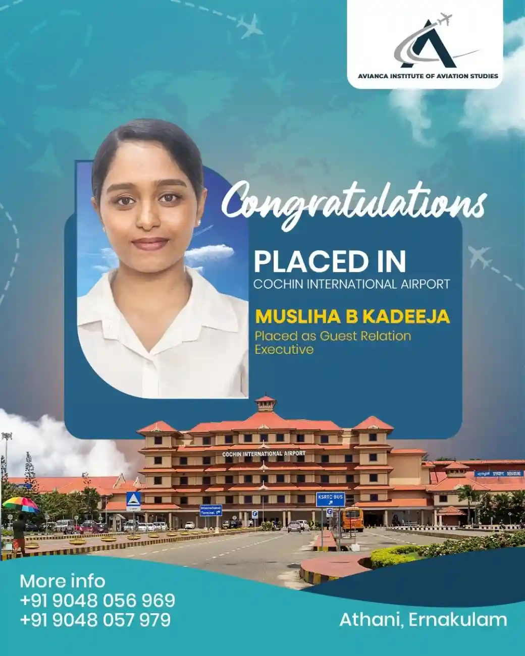 Mushliha B Kadeeja placed in Cochin International Airport from Avianca Aviation Institute Kochi