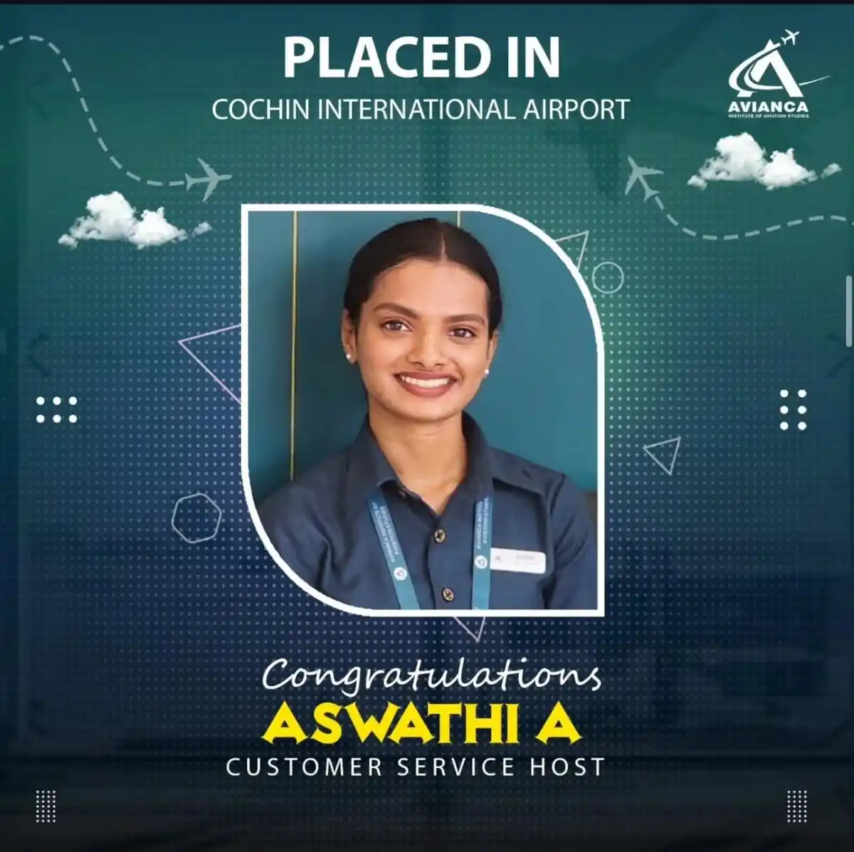 Aswathi A placed in Cochin International Airport from Avianca Aviation Institute Kochi